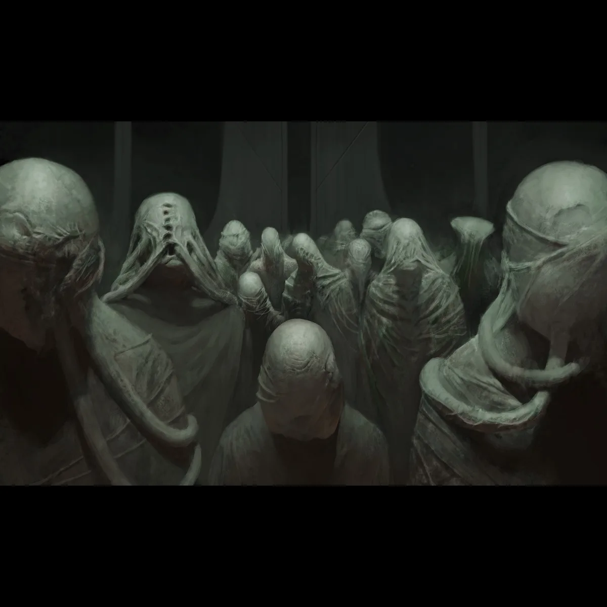 A dark, eerie illustration shows a group of grotesque, pale, hooded figures with distorted, skeletal faces and elongated…