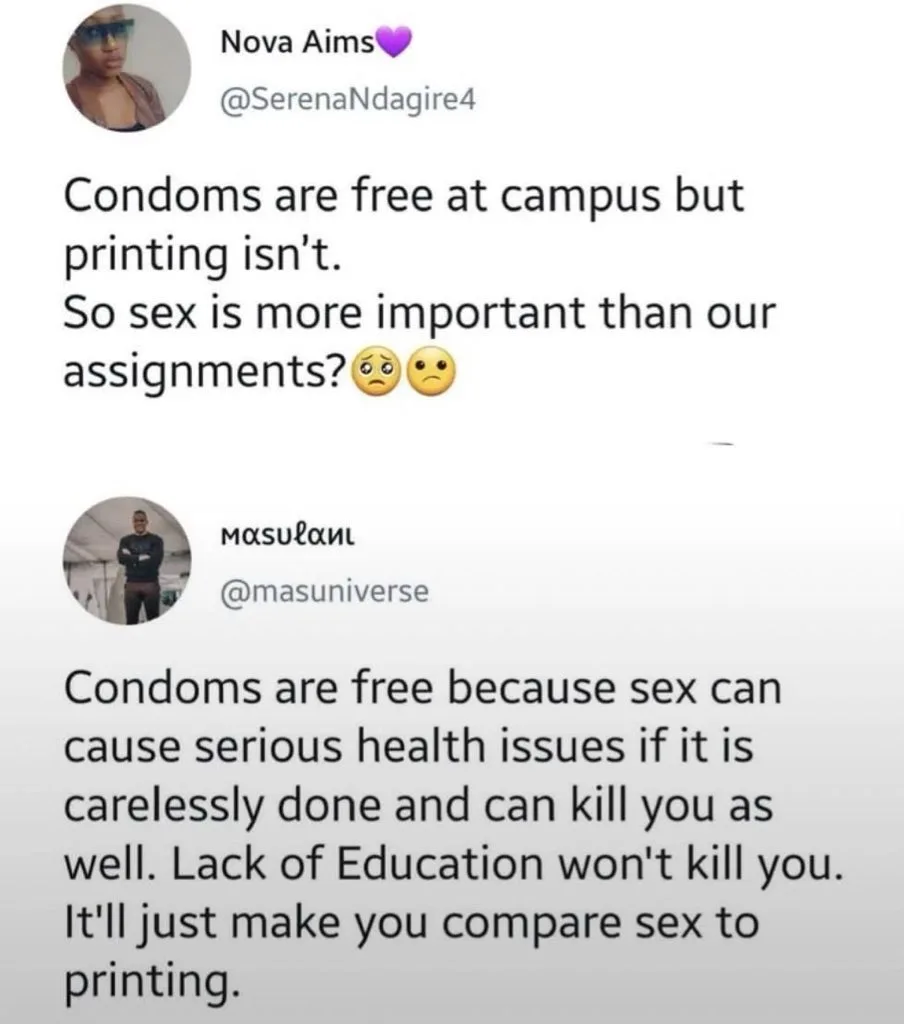 A screenshot of two Twitter replies. The first user, Nova Aims, questions why condoms are free but printing isn't, implying…