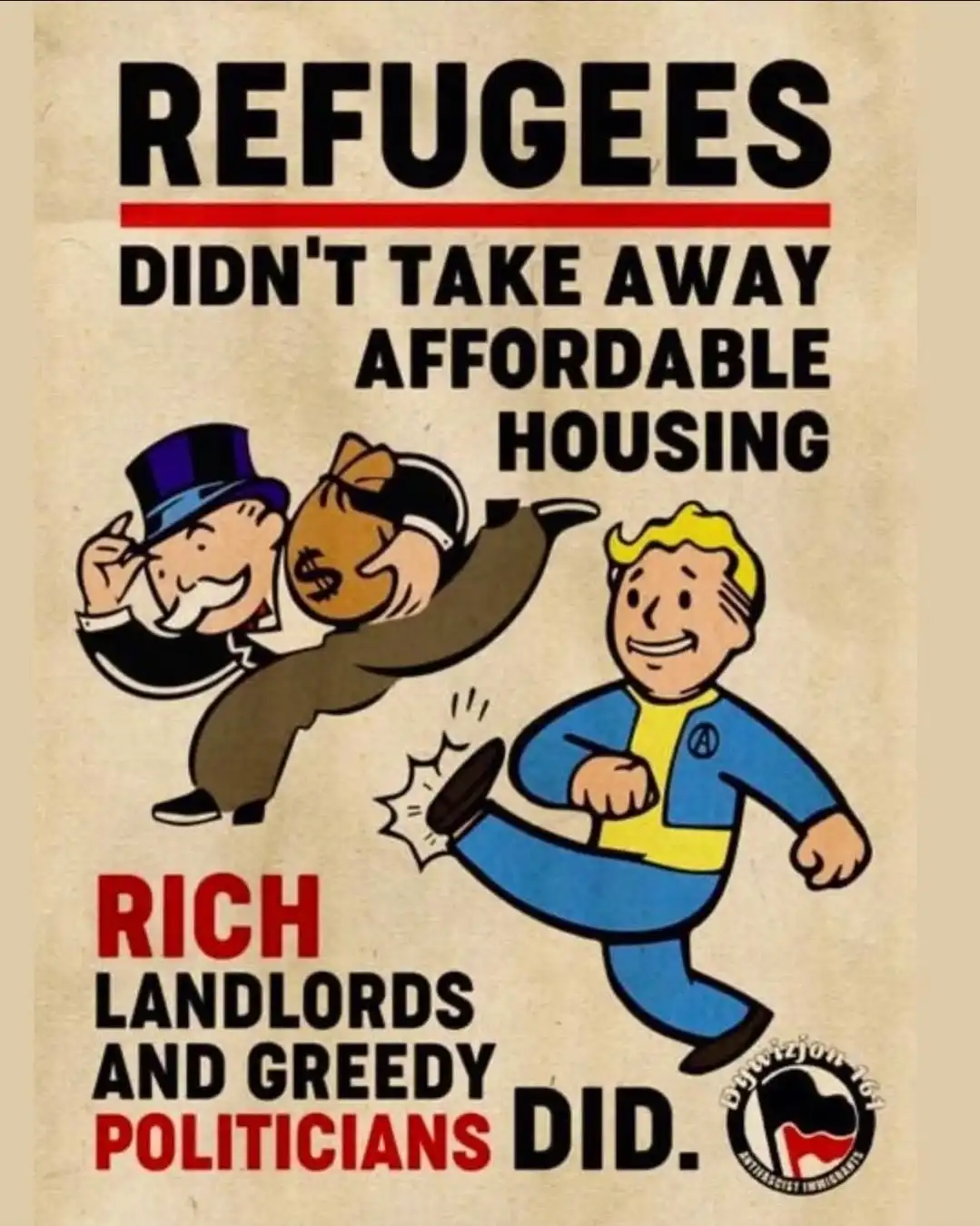 A vintage-style propaganda poster features a cartoon man in a top hat and suit kicking a money bag while a Vault Boy…