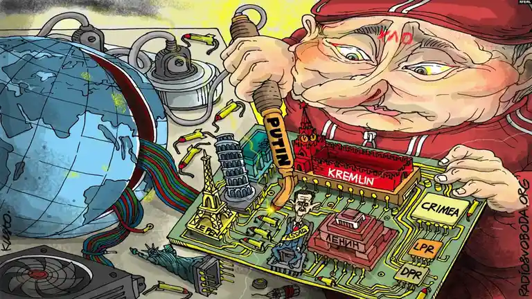 A cartoon depicts a caricature of Vladimir Putin, wearing a red cap and shirt, soldering a circuit board that represents…