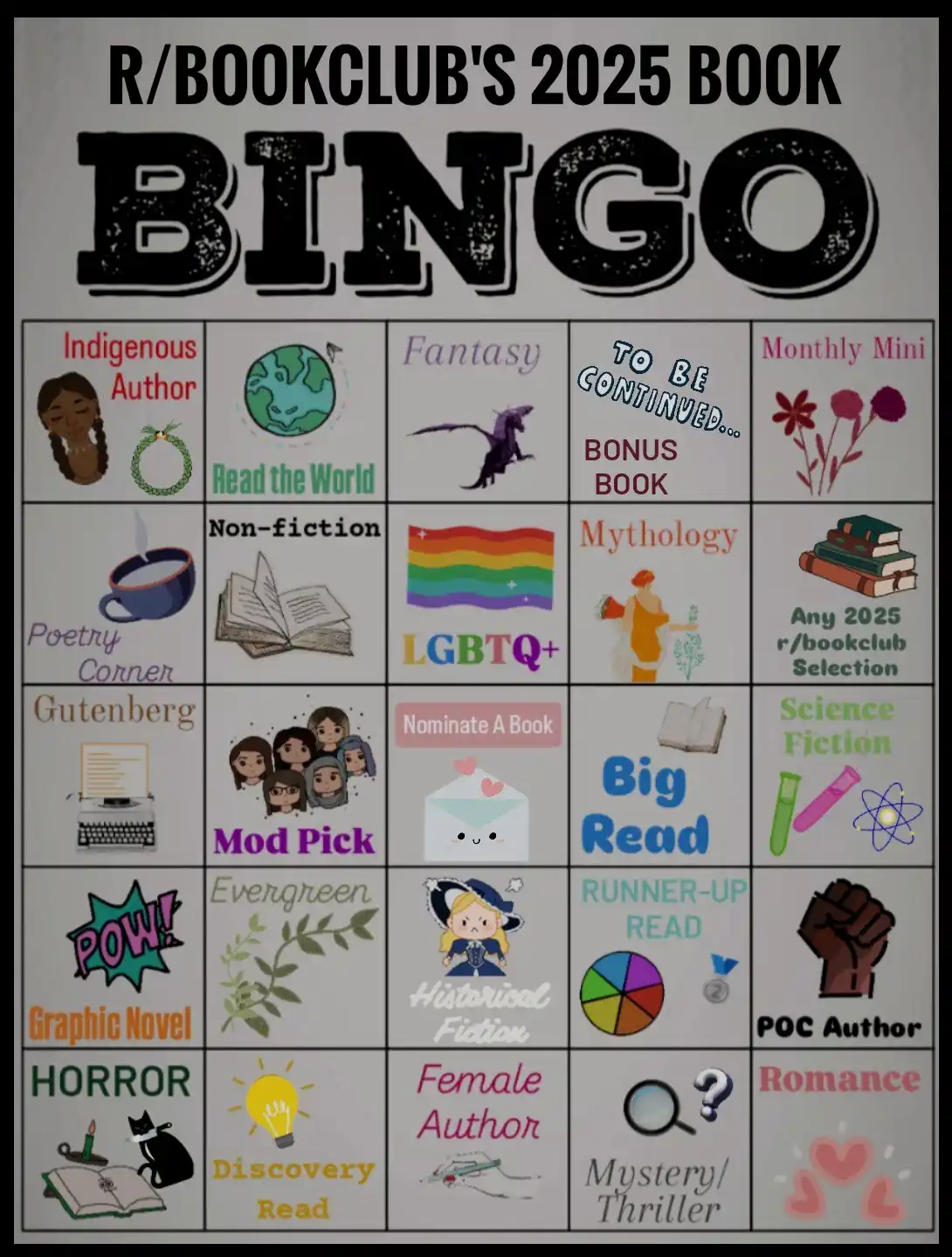 A bingo card titled 'R/BOOKCLUB'S 2025 BOOK BINGO' features 25 squares with book genres and themes like 'Indigenous Author'…