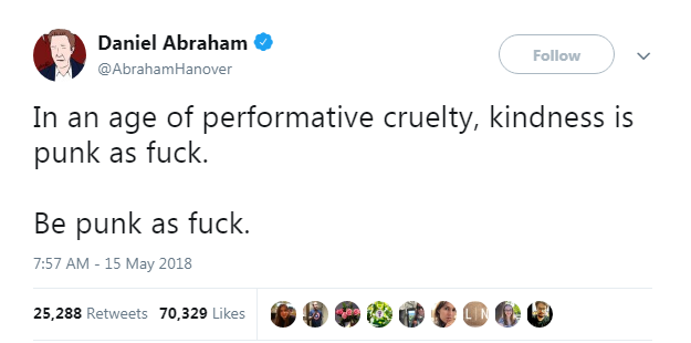 A screenshot of a tweet by Daniel Abraham (@AbrahamHanover) from May 15, 2018, showing his profile picture, the tweet text…