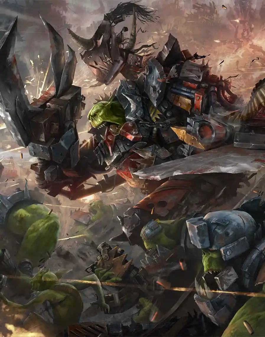 A chaotic, gritty fantasy battle scene depicts a large, heavily armored green-skinned orc-like warrior wielding a massive…