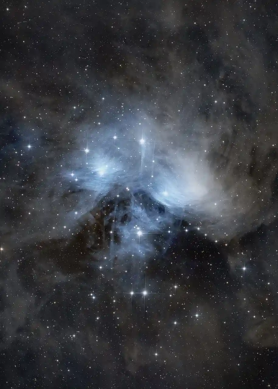 A cosmic image of a star field with a prominent blue nebula and dark dust clouds, overlaid with the text 'i'm not dead, i'm…