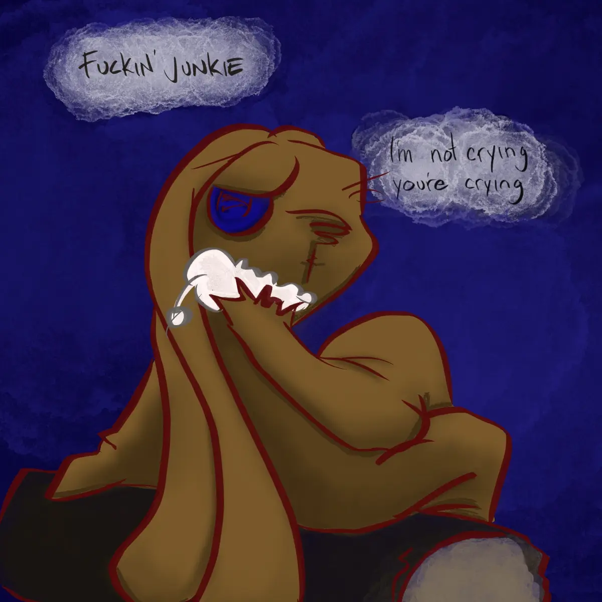 A cartoonish brown anthropomorphic character with long hair, a blue eye, and a white syringe in their mouth sits against a…