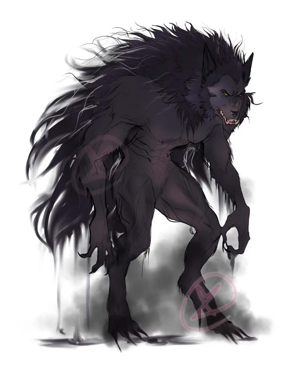 A dark, muscular werewolf with glowing yellow eyes and long black fur stands menacingly against a white background, with…