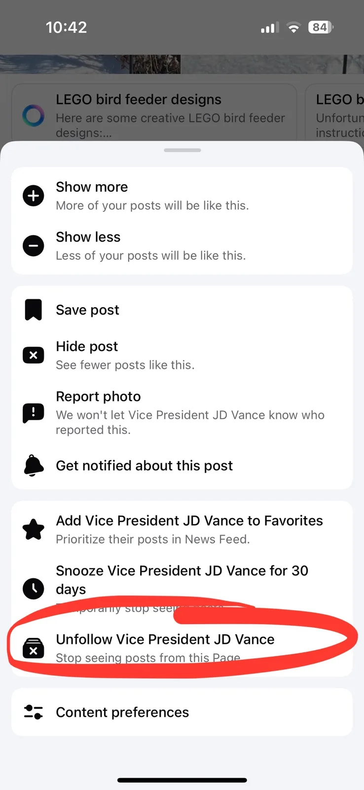 A screenshot of a social media post options menu, where the 'Unfollow Vice President JD Vance' option is circled in red. The…