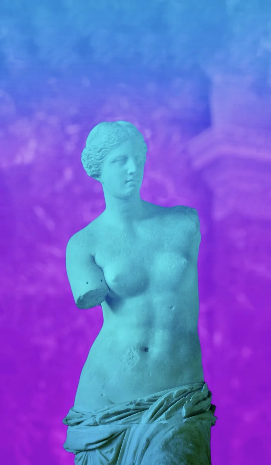 The image shows the Venus de Milo statue, a famous ancient Greek sculpture, with a vibrant blue-to-purple gradient…