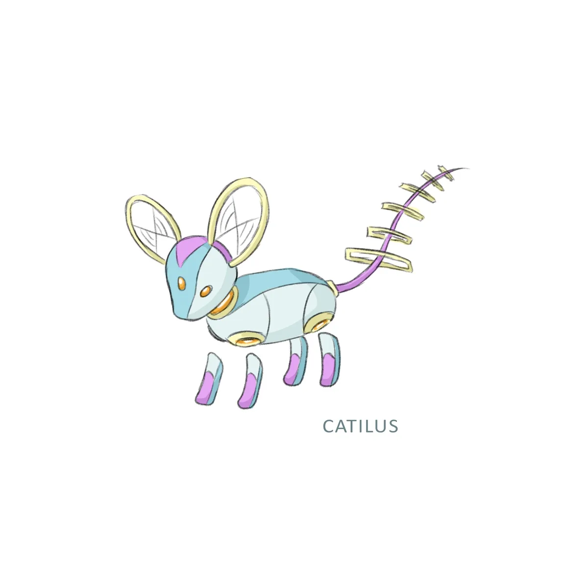 A cartoon drawing of a robotic mouse-like creature with large ears, a segmented body, and a coiled tail, labeled 'CATILUS'…