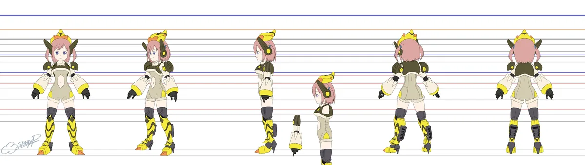 A character design sheet shows an anime-style girl with pink hair and yellow-and-gray armor in multiple poses. The image is…