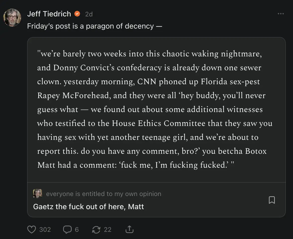A screenshot of a social media post by Jeff Tierdich quoting a fictionalized, satirical account of a political scandal…