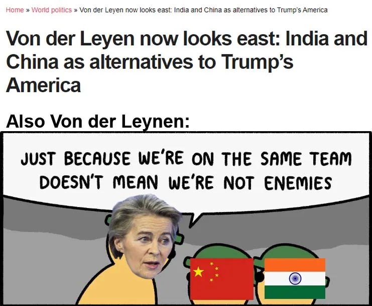 A meme image shows a photo of Ursula von der Leyen superimposed on a cartoon of a character speaking to two other cartoon…