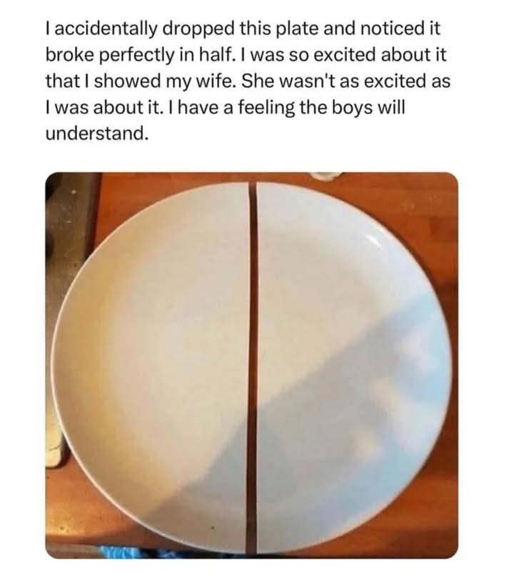 A white ceramic plate is shown broken perfectly in half down the middle, resting on a wooden surface. The overlaid text…