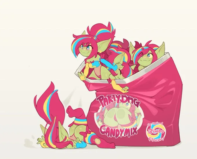 A pink bag labeled 'PARTY.DOG CANDYMIX original Bimbo Flavor' is overflowing with multiple identical cartoon characters who…
