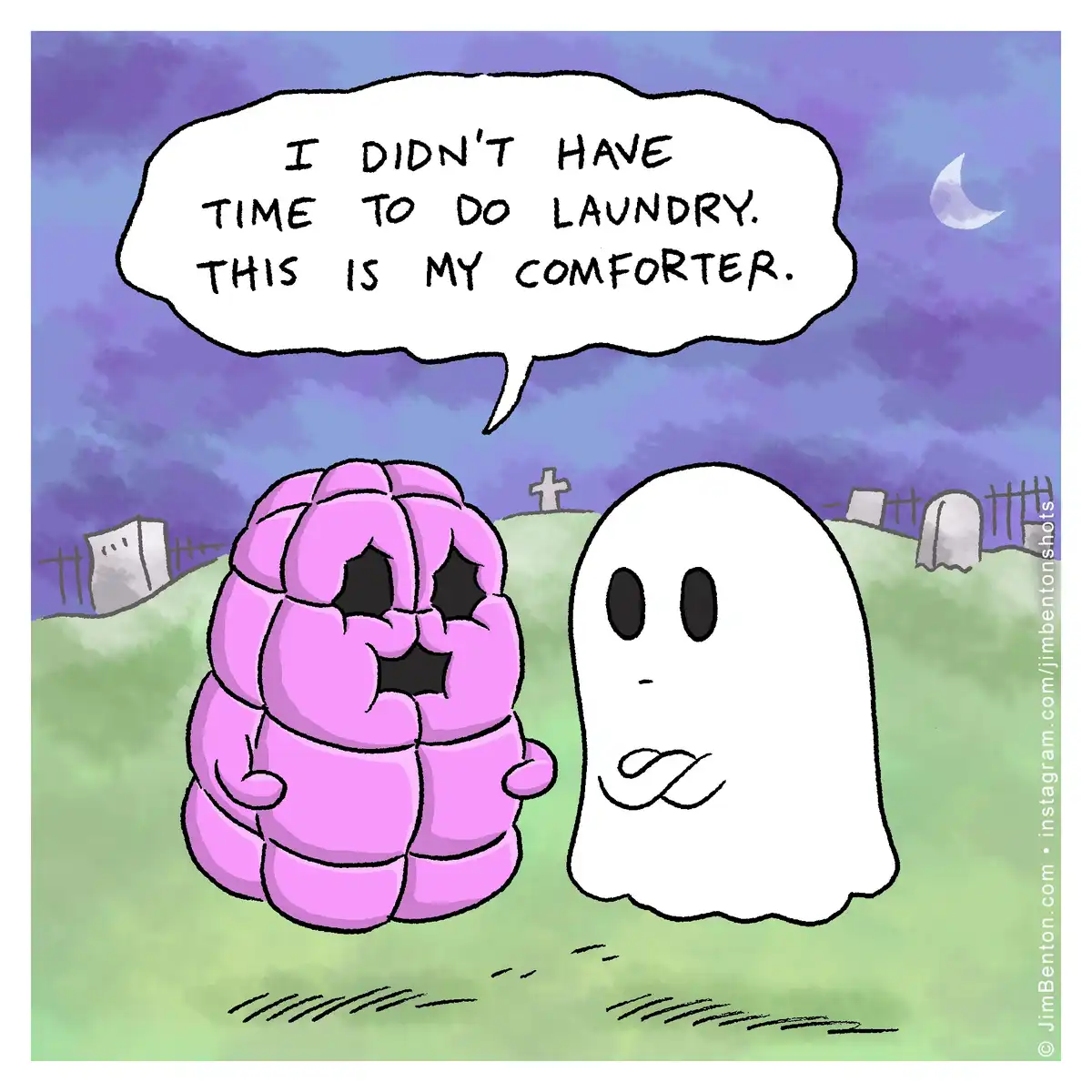 A cartoon pink brain-shaped ghost stands next to a white ghost in a graveyard under a purple sky with a crescent moon. The…