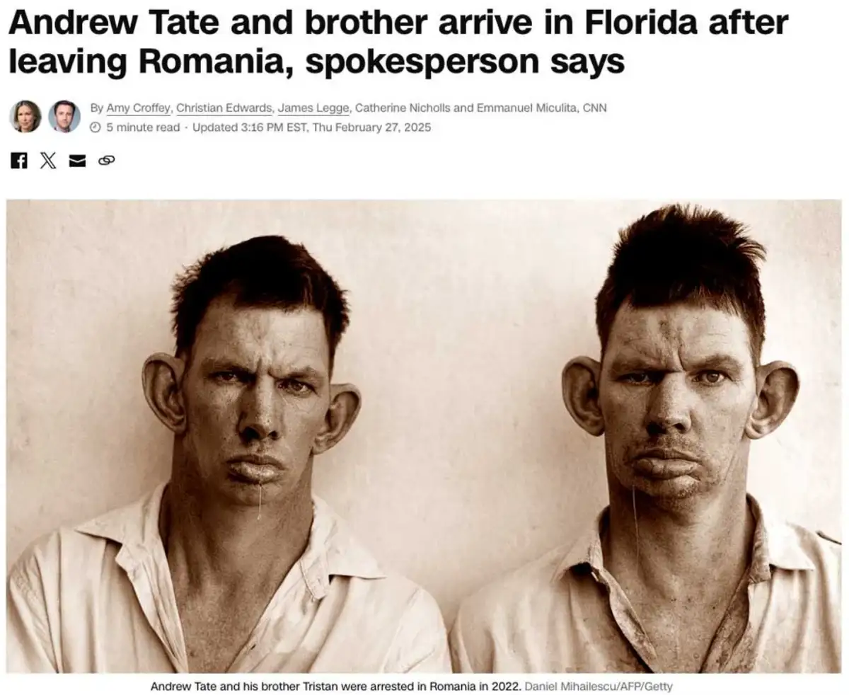 The image shows two men with digitally altered, oversized ears and drooling mouths, styled as mugshots. The overlaid text…