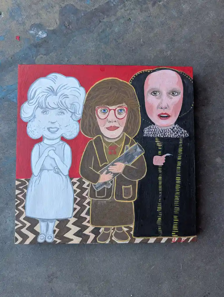 A hand-painted artwork depicts three stylized female figures standing side-by-side against a red background. The figure on…