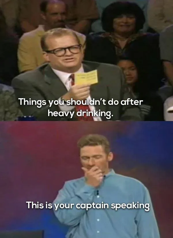 The top panel shows a man in glasses holding a yellow card with the text 'Things you shouldn't do after heavy drinking.' The…