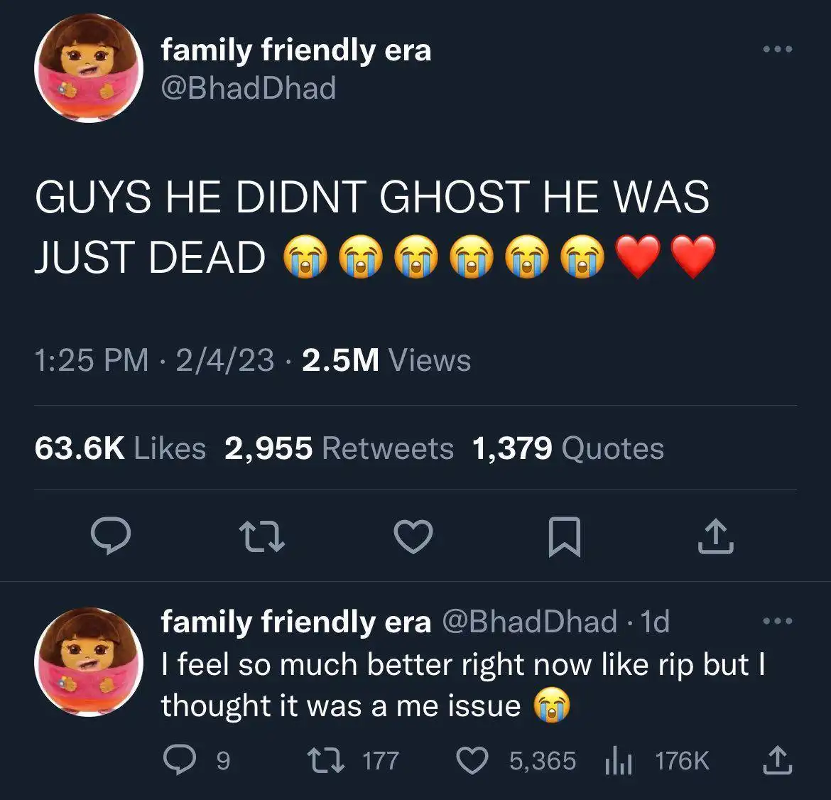 A screenshot of a Twitter post by 'family friendly era' (@BhadDhad) with the text 'GUYS HE DIDNT GHOST HE WAS JUST DEAD'…