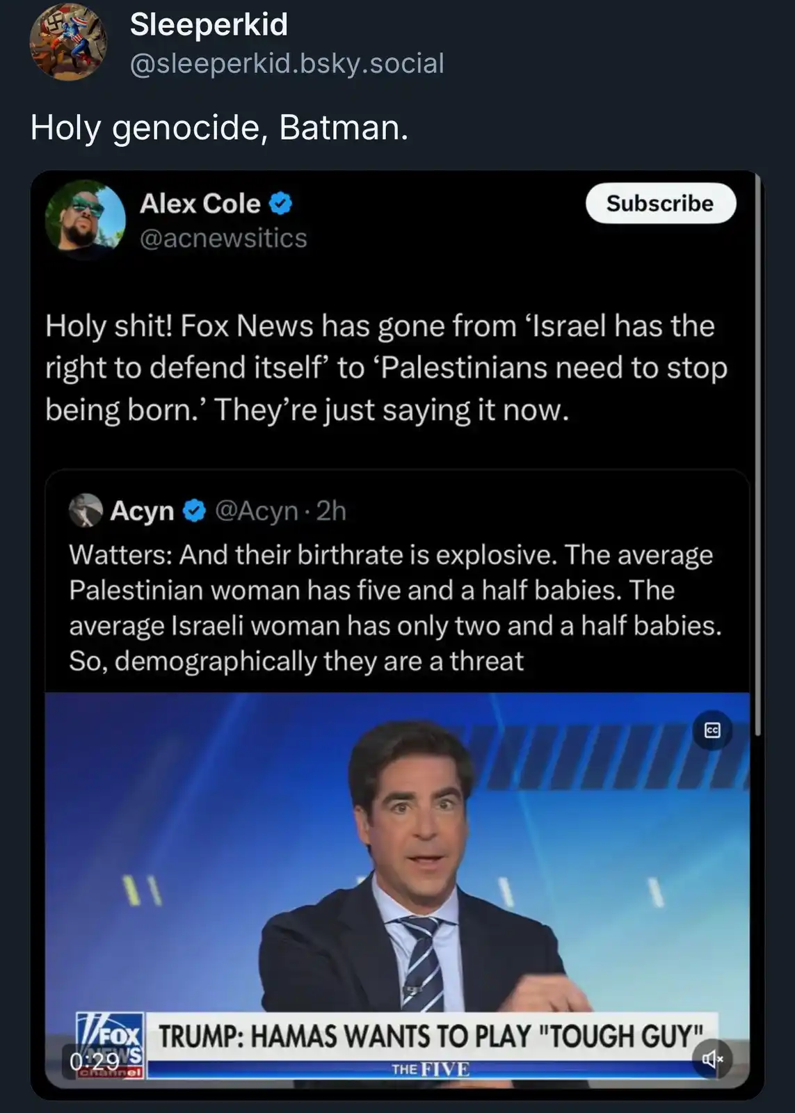A screenshot of a social media post showing a Fox News clip of a man in a suit speaking, with overlaid text from two tweets…