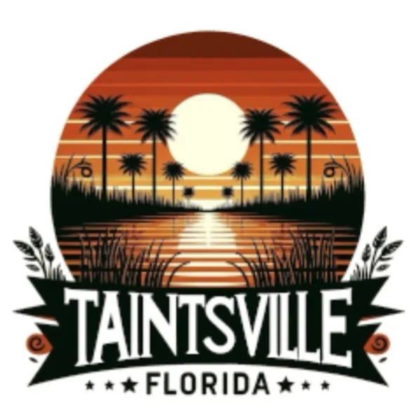 A stylized logo featuring a sunset over a tropical landscape with palm trees and water, overlaid with the text 'TAINTSVILLE…