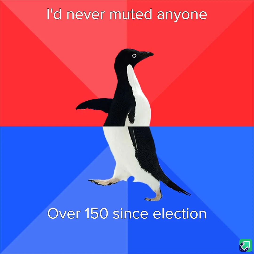 A penguin stands centered against a red and blue background split diagonally. White text at the top reads 'I'd never muted…