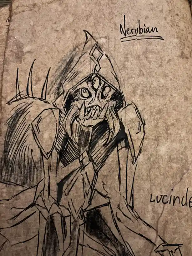 A hand-drawn sketch on textured brown paper depicts a grotesque, hooded creature with multiple eyes, sharp teeth, and spiky…