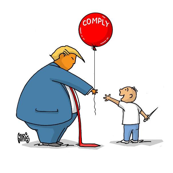 A cartoon depicts a large man with blonde hair and a blue suit holding a red balloon labeled 'COMPLY' while a small child in…