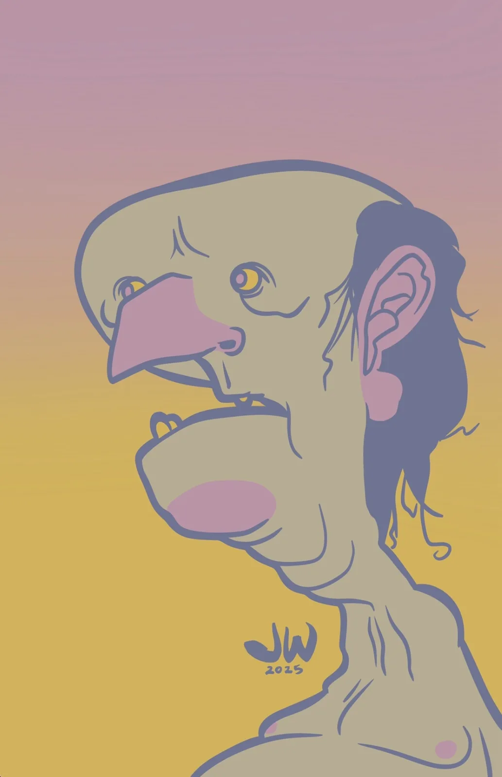 A stylized cartoon illustration of a bald, humanoid figure with a bird-like beak, yellow eyes, and a large ear, set against…