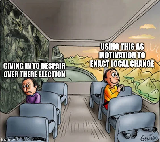 A cartoon depicts two people on a bus; the person on the left looks sad and defeated, while the person on the right looks…