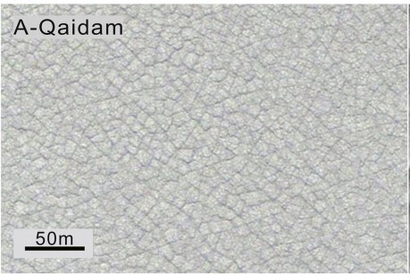 The image displays a close-up, textured, cracked surface resembling dry earth or salt flats, labeled 'A-Qaidam' in the…