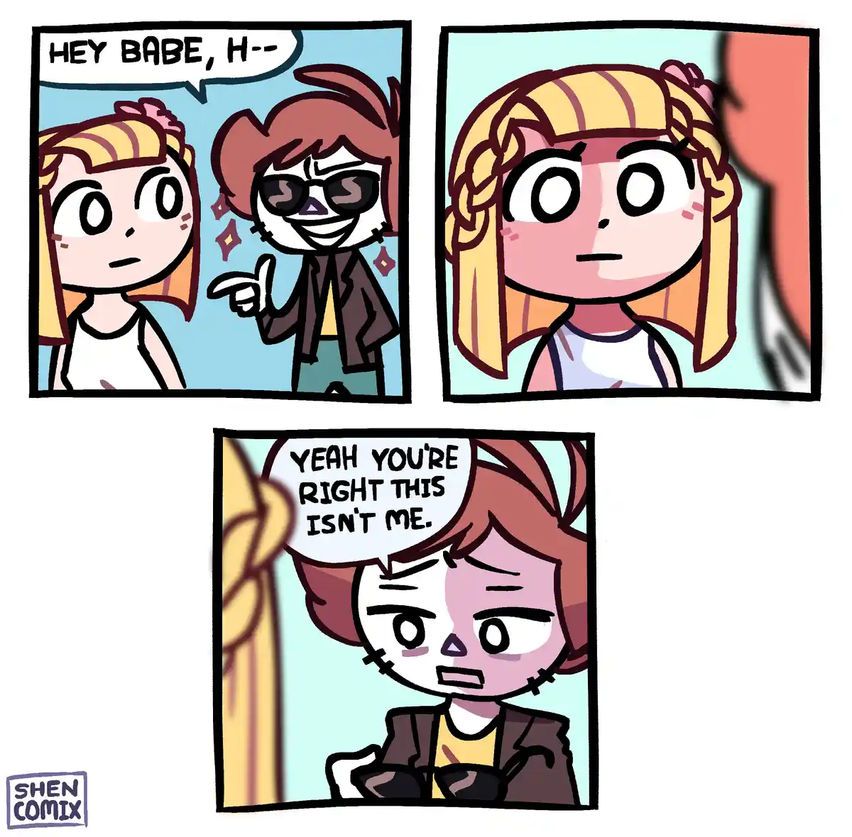 A three-panel comic shows a character with blonde braided hair looking at another character who is wearing sunglasses and a…
