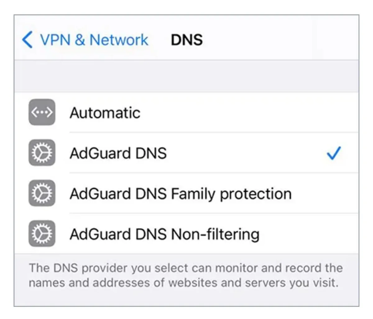 A screenshot of an iOS VPN & Network DNS settings menu showing 'AdGuard DNS' selected with a blue checkmark, alongside…