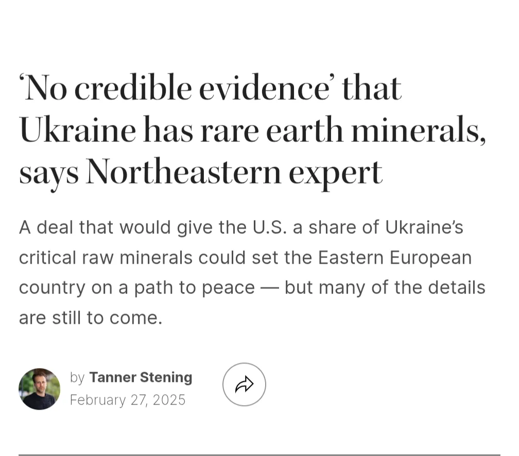 A screenshot of a news article headline stating 'No credible evidence' that Ukraine has rare earth minerals, says…