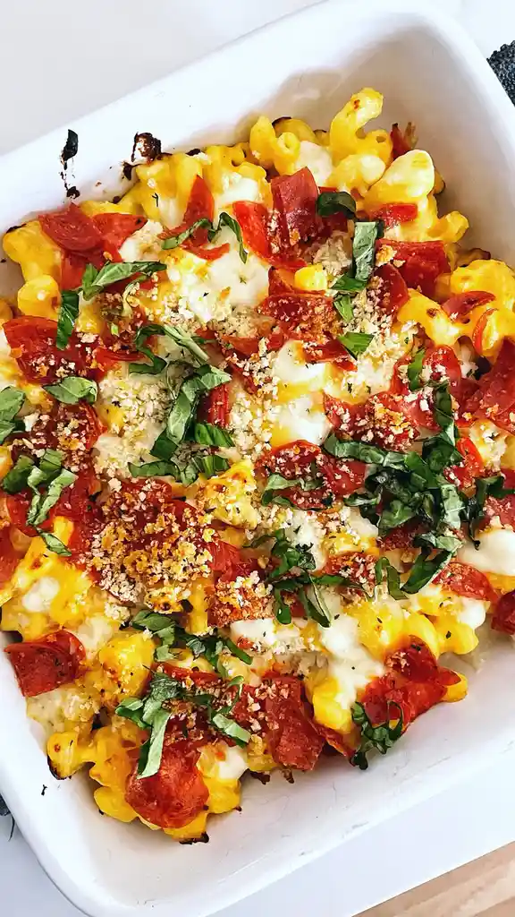 A close-up photo of a white baking dish filled with baked macaroni and cheese, topped with pepperoni slices, fresh basil…