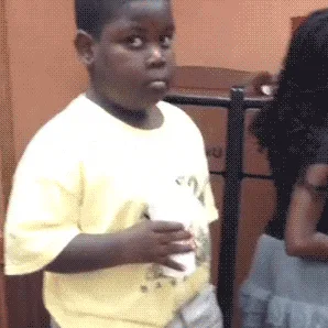 A six-panel image sequence shows a young Black boy in a yellow t-shirt holding a white cup, his facial expression shifting…