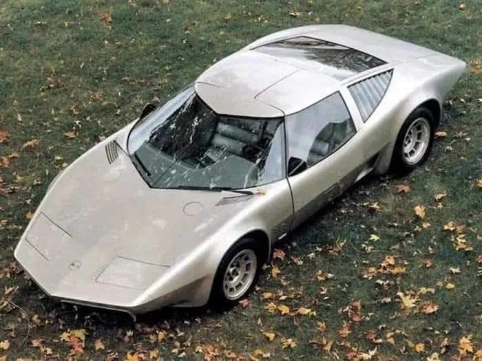 a silver, angular, futuristic-looking concept car with a glass roof and sharp lines sits parked on grass covered with fallen…