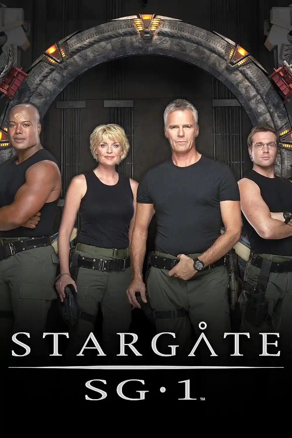 The promotional poster for the TV show 'Stargate SG-1' features four main characters standing confidently in front of a…