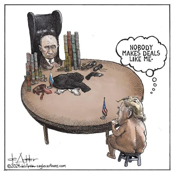 A cartoon depicts Vladimir Putin seated in a large chair behind a round table piled with stacks of coins, while a smaller…