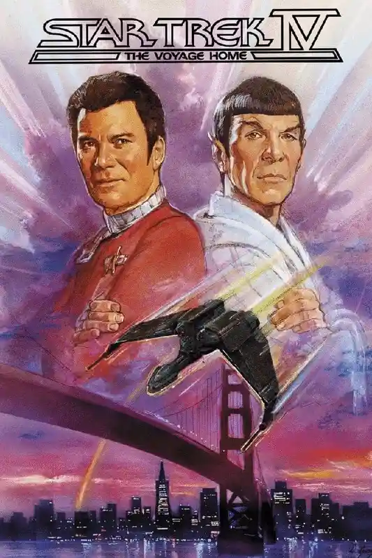 The movie poster for Star Trek IV: The Voyage Home features Captain James T. Kirk and Spock standing side by side against a…