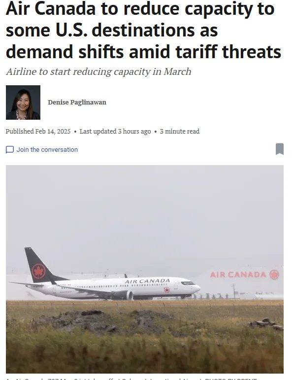 A news article screenshot shows an Air Canada airplane on a runway with a hazy background. The headline reads 'Air Canada to…