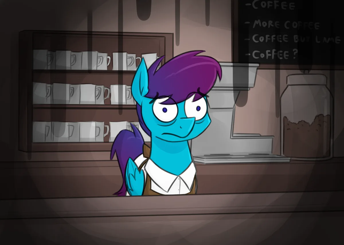 A blue cartoon pony with purple hair, wearing a white shirt and brown apron, stands behind a coffee shop counter looking…