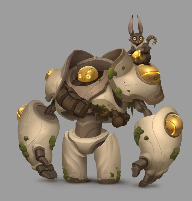 A large, beige, moss-covered robot with golden eyes and mechanical limbs stands upright. A small, dark-furred monkey with…