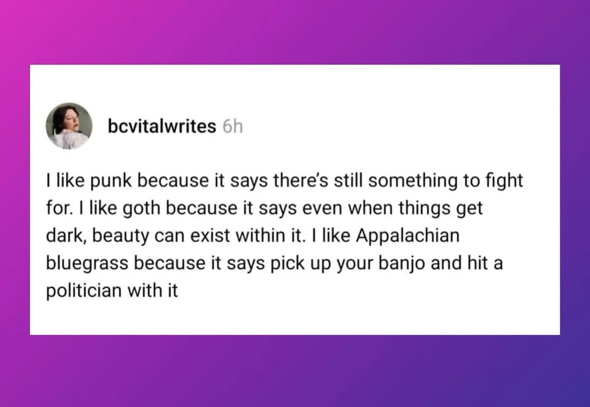 A screenshot of a social media post by user 'bcvitalwrites' with a purple gradient background. The post reads: 'I like punk…