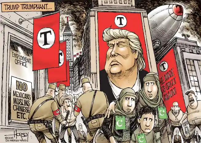 A political cartoon depicts a dystopian cityscape with a giant portrait of Donald Trump on a building, red banners with his…