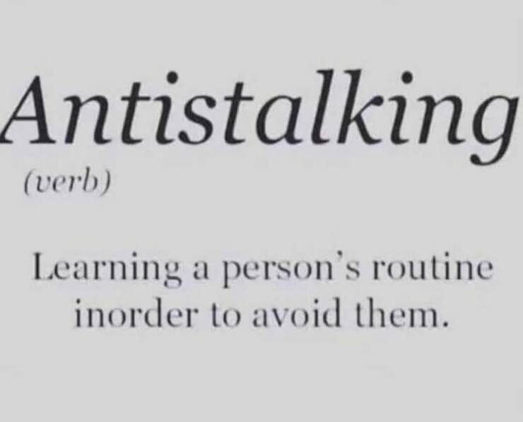 The image displays a dictionary-style definition with the word 'Antistalking' in large font, labeled as a verb, followed by…