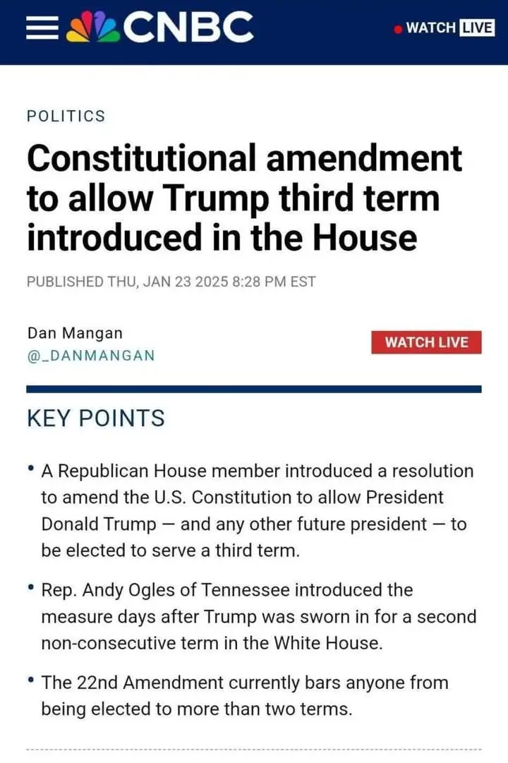 A screenshot of a CNBC news article with the headline 'Constitutional amendment to allow Trump third term introduced in the…