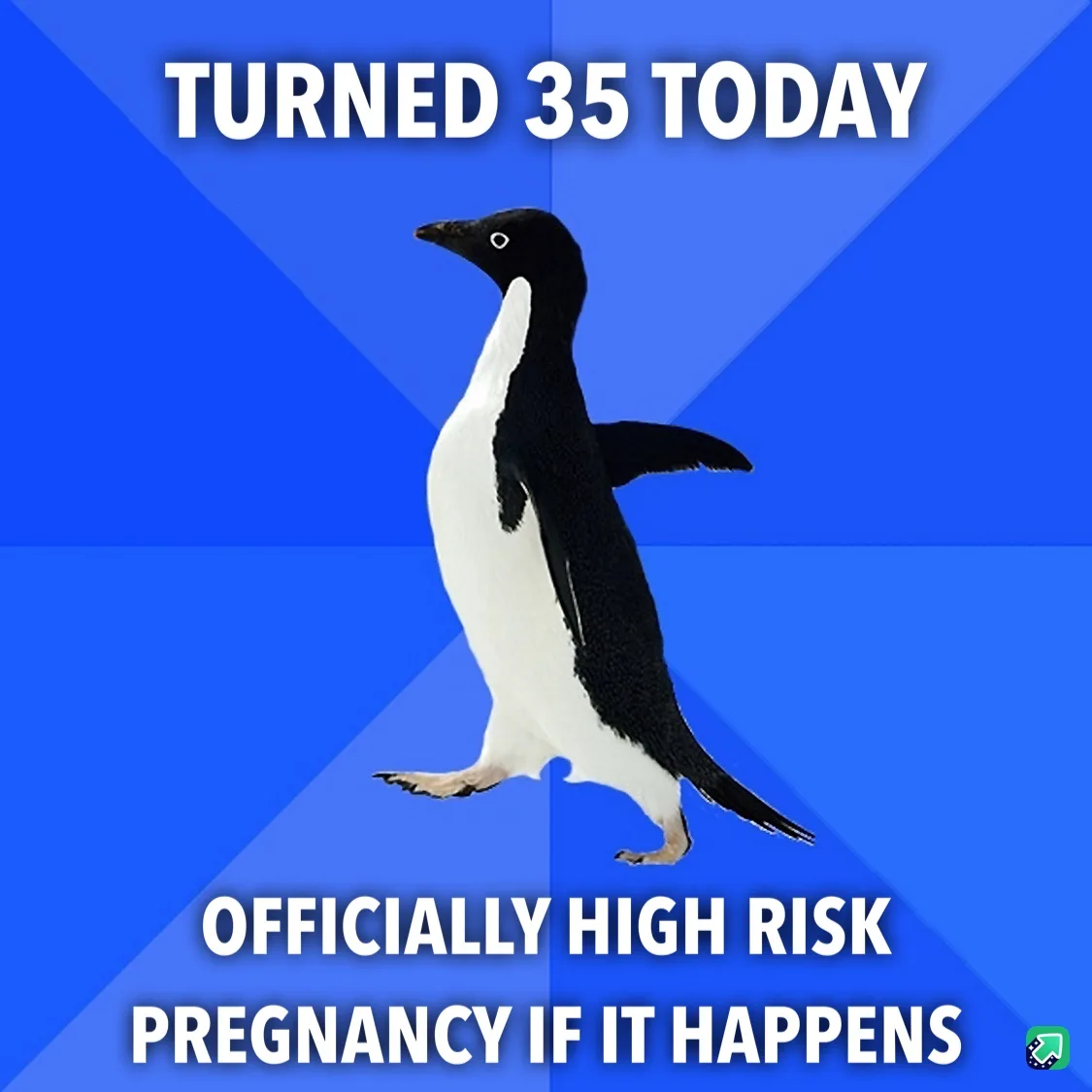 A black-and-white penguin stands against a blue geometric background. White bold text at the top reads 'TURNED 35 TODAY' and…