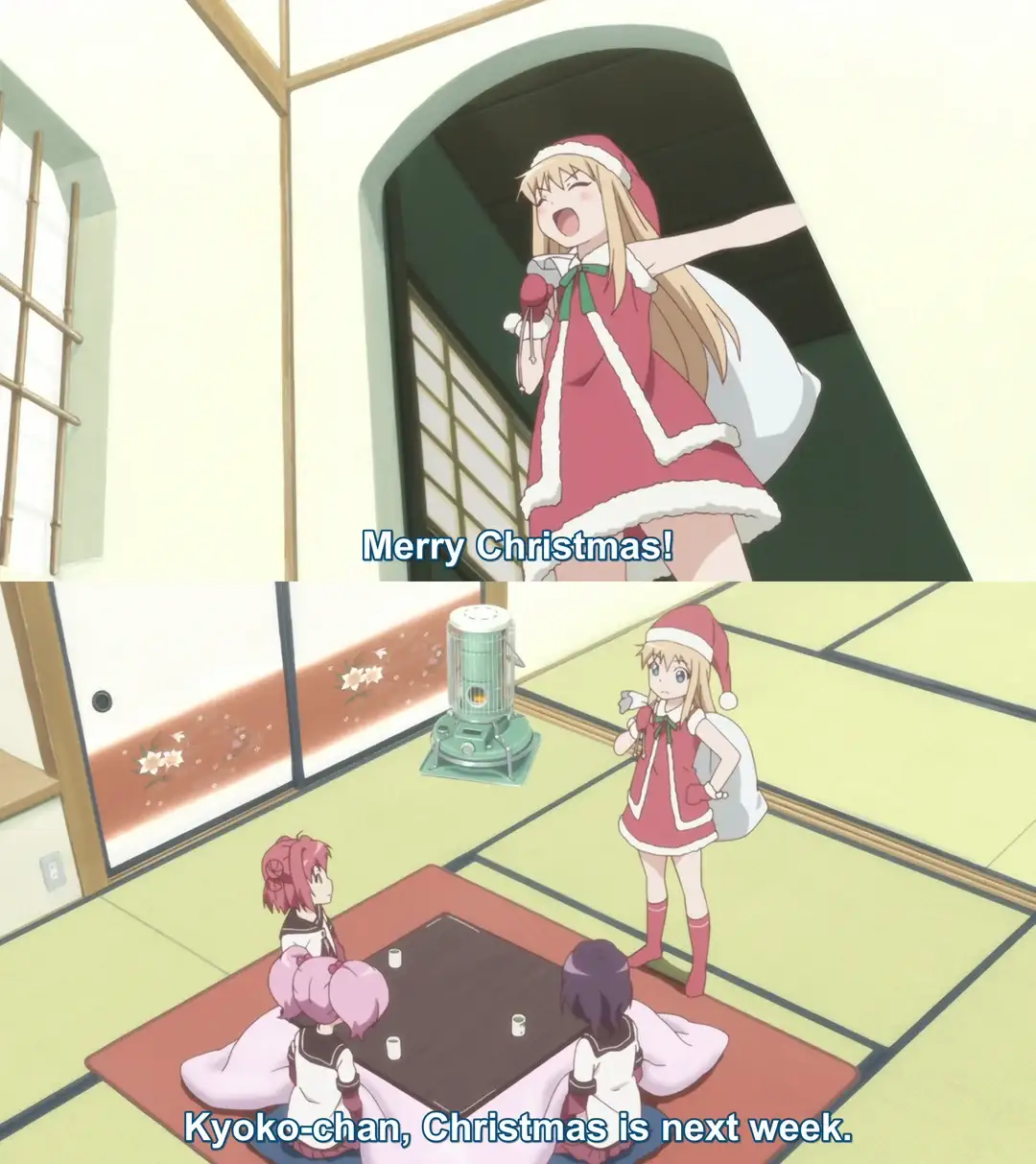 An anime scene split into two panels: top shows a blonde girl in a Santa outfit enthusiastically shouting 'Merry Christmas!'…
