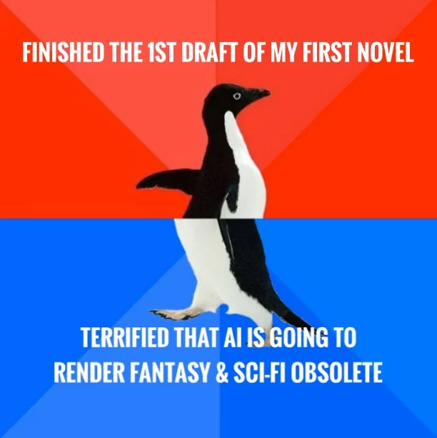 A penguin stands centered against a red and blue background, split horizontally. The top half reads 'FINISHED THE 1ST DRAFT…
